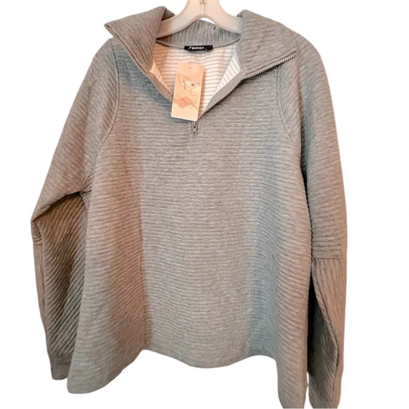 NWT Women’s Fashion Grey 1/4 Zip Up Jacket Long Sleeve Sweat Shirt Casual Top - Picture 6 of 6